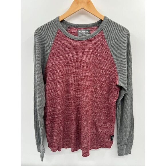 EXPRESS Men's M Red Gray Raglan Waffle Knit Thermal Long Sleeve Crew Neck Shirt - Picture 1 of 10
